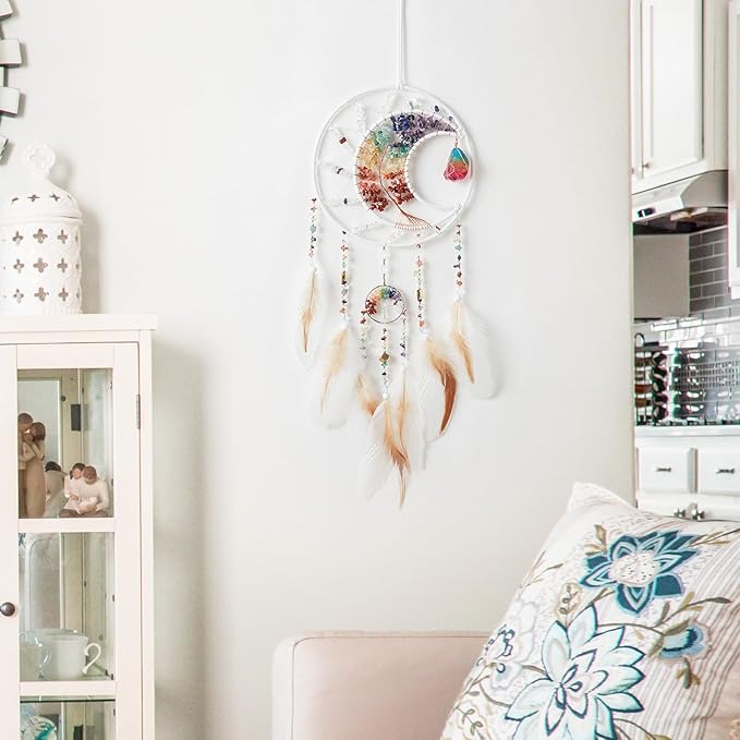 7 Chakras Dream Catchers Tree of Life Dream Catcher White Feather Dreamcatcher Wall Decor with Healing Crystal Stone & Fluorite Wall Art Hanging for Bedroom Home Decor Bless Gift Wedding Garden