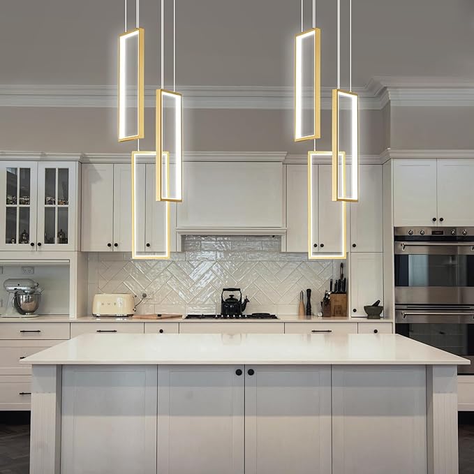 Modern Kitchen Pendant Light Fixture Gold 40W LED Pendant Light 3 Rings Rectangle Chandelier Pendant Lighting for Kitchen Island Living Room Dining Room Bedroom