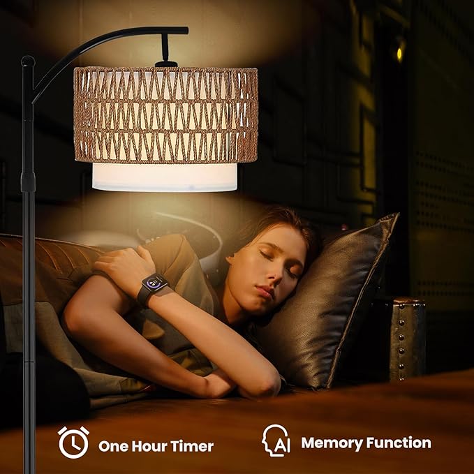 Arc Floor Lamp for Living Room,Farmhouse Floor Lamps with Remote Control & Dimmable Bulb,Rattan Boho Tall Standing Lamp for Bedroom Office