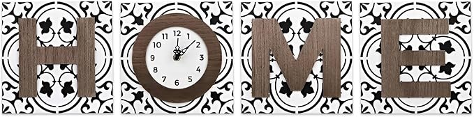 Young's Inc Horizontal Home Letter Blocks with Vertical Wall Clock, Wood Wall Art for Living Room Decor, Farmhouse, Wall Decor, Battery Operated Clock, Set of 4