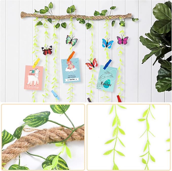 Wall Hanging Photo Display with Artificial Leaves Vines, Macrame Photo Holders, Boho Pictures Organizer for Wall Decoration, with 15 Wood Clips, for Home, Office, Classroom, Party, Wedding