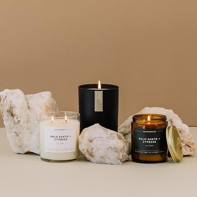 Calyan Wax Co. 2 Wick Candle, Palo Santo + Cypress Scented Candle, 37 Hour Burn Time, Aromatherapy Soy Candles, Non Toxic & Vegan Soy Wax, Glass Tumbler Scented Candles, 12.5oz