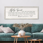 Holy Spirit You are Welcome Here Wall Decor Art 32x12 Inch Large Christian Song Bible Verse Plaque Wood Framed Sign Living Room Scripture Quote Religious For Office Wall Hanging (White)