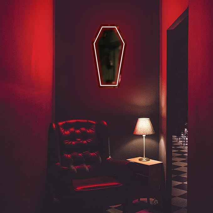 Kavaas Neon Coffin Mirror 16.9" x 9.6", Gothic LED Light Mirror Sign for Gothic Room Decor, Living Room, Bedroom, Bar - Best Gifts for Goth Lovers, Halloween Neon Signs Wall Art, Christmas