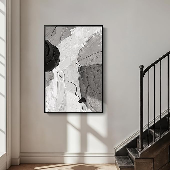 Large Framed Black and White Modern Abstract Vertical Wall Art for Living Room, Canvas Prints Paintings Artwork for Walls, Minimalist Gray Pictures for Hallway Stair Office Wall Decor 40x60 In