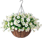 Ivydale Artificial Fake Hanging Flowers Plants Baskets for Outdoor Spring Summer Decoration, Faux Silk White Morning Glory Look Real UV Resistant for Outside Porch Patio Balcony Yard Front Door Garden