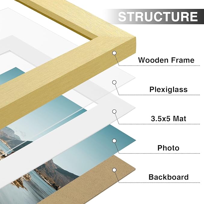 Vittanly 4x6 Picture Frames Set of 9, Shatter Resistant Plexiglass, Display 3.5x5 Pictures with Mat or 4x6 without Mat, Photo Frames for Wall or Tabletop, Engineered Wood, Gold