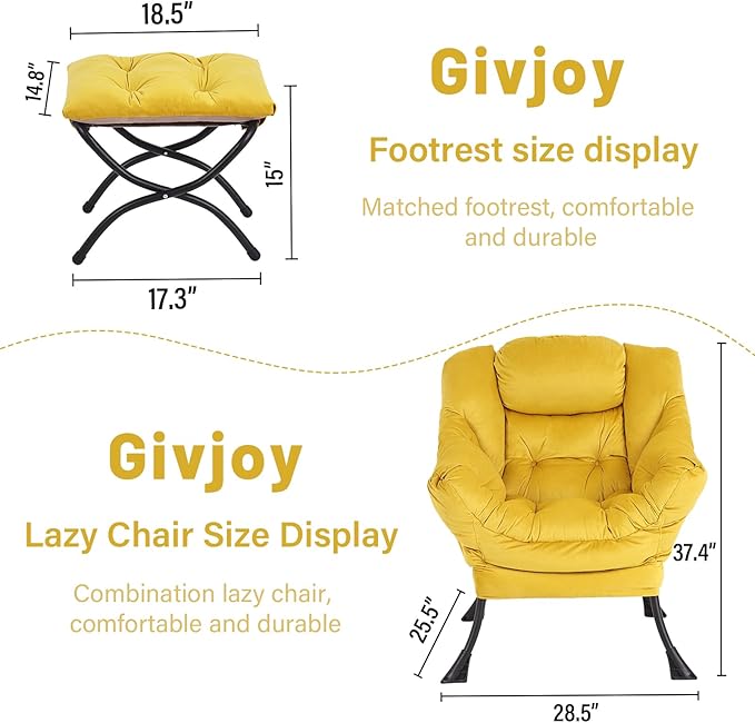 Lazy Chair and Ottoman, Large Accent Lounge Chair with Armrests and a Side Pocket, Modern Leisure Upholstered Sofa Reading Armchair with Footrest for Bedroom, Living Room, Dorm Rooms, Office