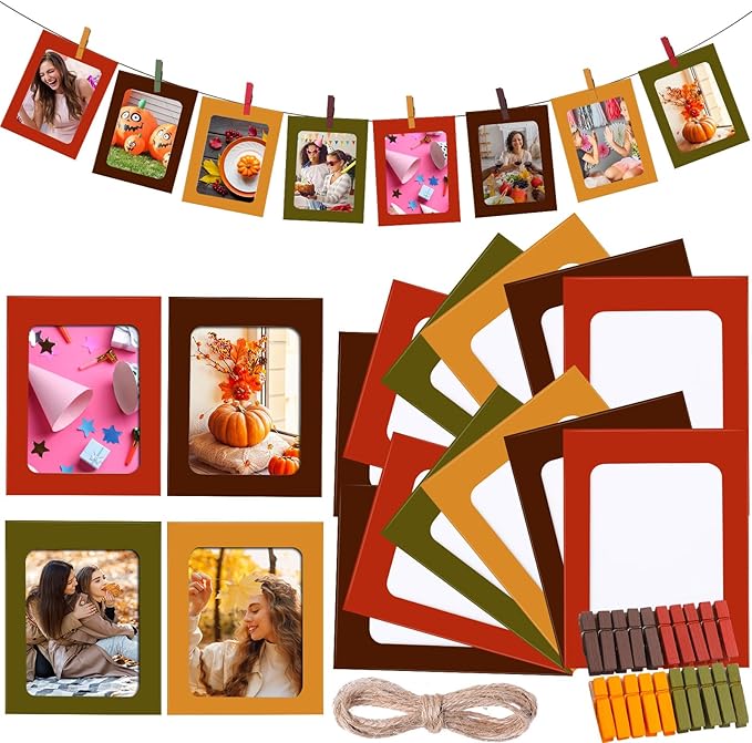 Janlaugh 100 Pcs Fall Paper Photo Frames 4x6 Fall Paper Frame with 100 Clip 10 String Kit DIY Hanging Cardboard Photo Holder Thanksgiving Wall Decor Wedding Home