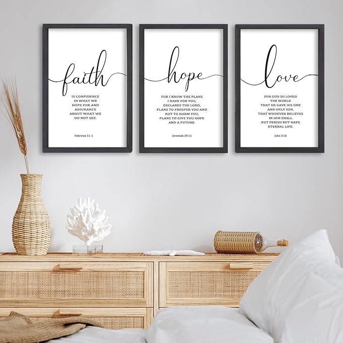 FZMHASLWW Faith Hope Love Sign Wall Decor 24"×16" Set of 3 Bible Verse Christian Scripture Wooden Framed Wall Hanging Art (Black)