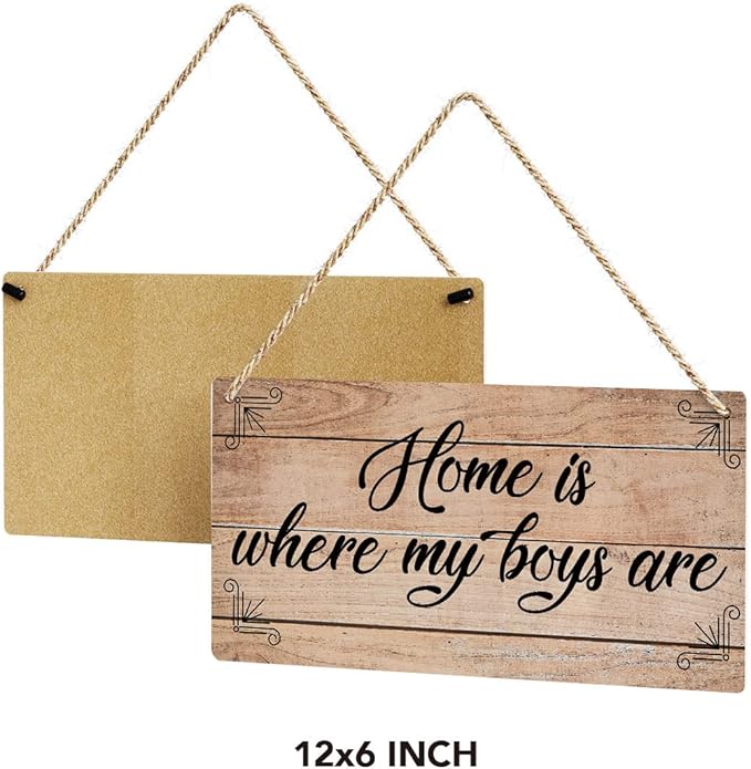 SENJIAN Rustic Family Quote Wood Decor Sign, Home is Where My Boys are Printed Wood Sign Wall Art, Hanging Door Sign, Decorative Wood Sign Home Decor 6" x 12"