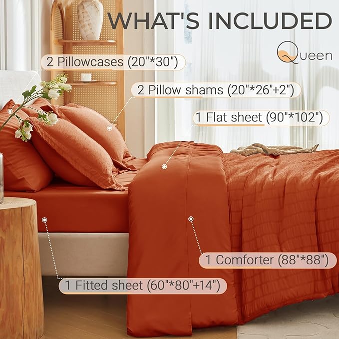 MUXHOMO 7 Pieces Queen Comforter Set, Seersucker Bed in a Bag Queen Size, All Season Luxury Bedding Set with Comforter, Flat Sheet, Fitted Sheet, Pillowcases & Shams, Burnt Orange