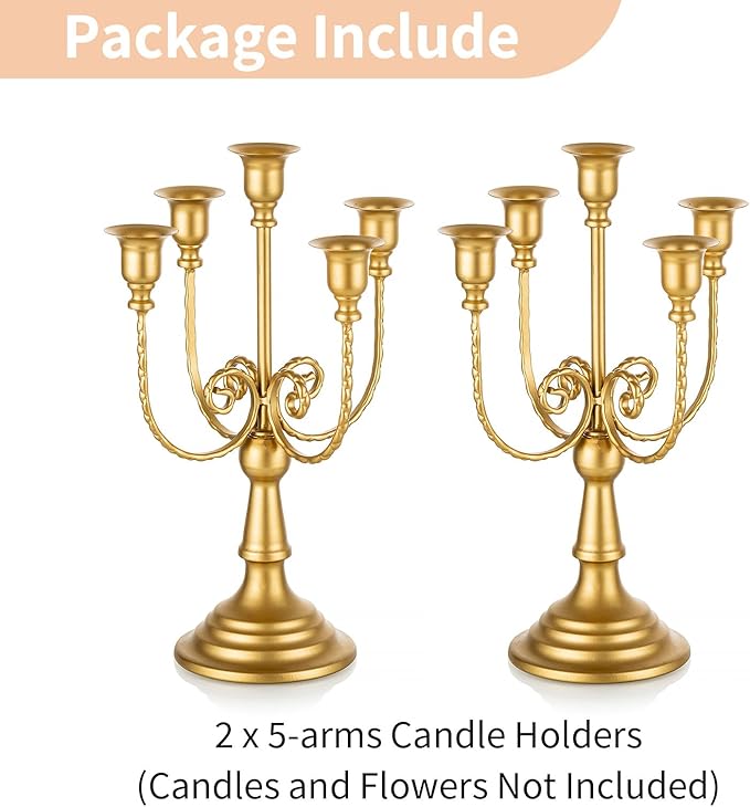 NUPTIO Gold Candelabras Candle Holder Set of 2 Metal Candelabra Centerpieces 5 Branches Candle Stick Stands Candleholder Fireplace Wedding Reception Antique Decorative Dinning Table Christmas