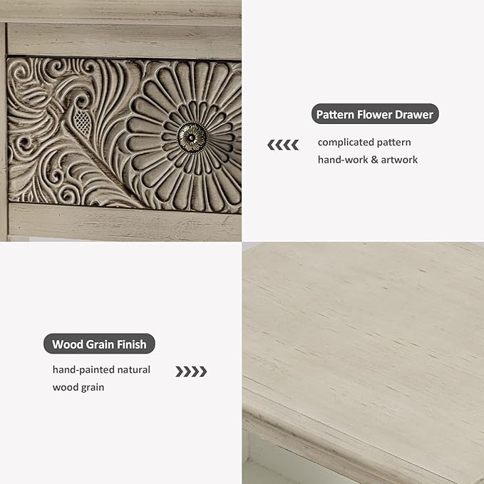 HOMPUS End Table Set of 2 with Drawer and Shelf, Vintage Nightstand Set 2 w Pattern Drawer, White Bedside Table, Accent Nightstand Organizer for Living Room, Bedroom, Easy to Assemble, Distress White