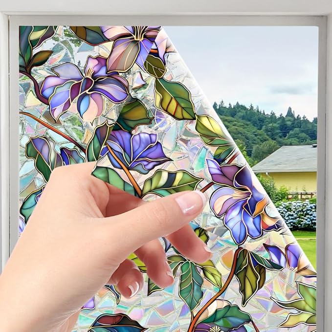 Window Film, Decorative Purple Flowers Stained Static Glass Window Clings Stickers for Home Office Living Room Bedroom Glass Windows Door Decor 16.93 x 39.37 Inches
