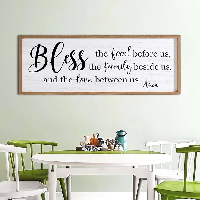 Bless the Food Before Us, the Family Beside Us, and the Love between us Framed Wall Art for Dining Room, 40''×15'' Holy Positive Religious Rustic Bible Verse for Christian God Jesus Christ Prayer