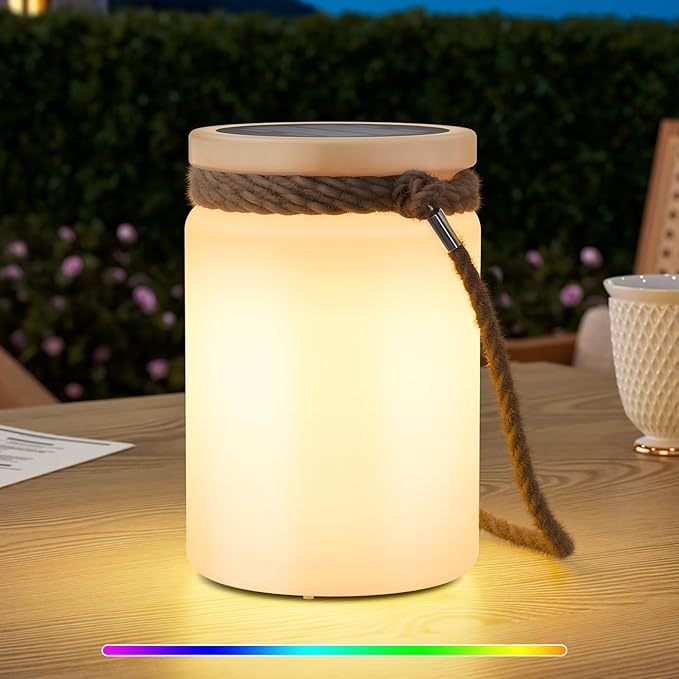 uuffoo Solar Table Lamp Lantern LED Outdoor Cordless IP44 RGB and Warm White Dimmable for Patio Camping Restaurant Terrace