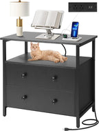 27 inch Wide Night Stand with Charging Station, Bedside Table with Open Shelf, 2 Drawers Small Wood Dresser, Modern Wood Nightstand for Bedroom/Living Room (Black)