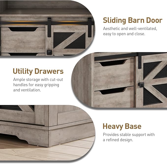 Farmhouse End Table Set of 2, Sofa Side Table with Charging Station, Bedside Table with 2 Drawers and Barn Door, Rustic Wooden Nightstand for Bedroom, Living Room, Greige