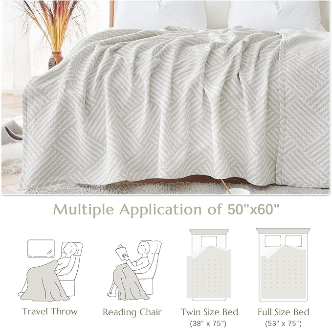 jinchan Boho 100% Cotton Blanket Muslin 50x60 Inches Lightweight 3-Layer Geometric Square Striped Pattern Reversible Quilt Throw Soft Breathable Comfy All Seasons for Couch Bed Decor, Light Grey