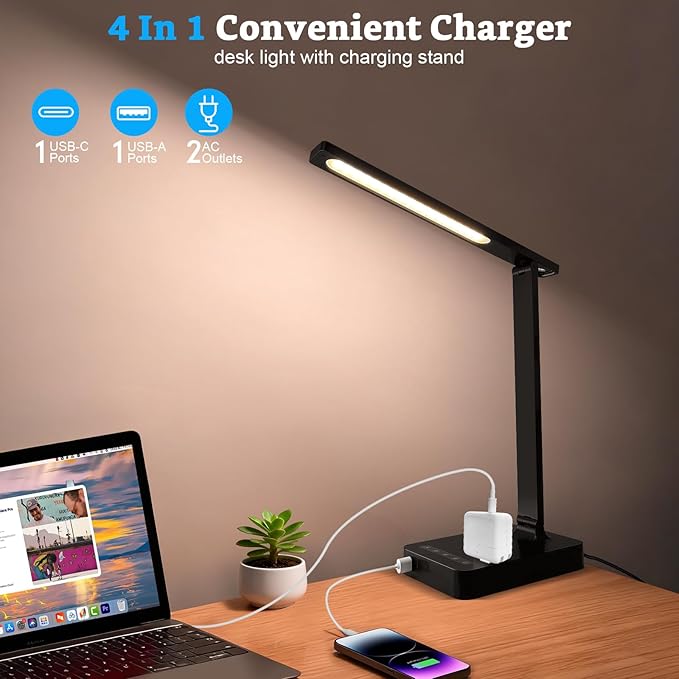 Smart Desk Lamp with 4-in-1 Charging Station (2 AC outlets, Type-C, USB-A Ports), 5 Color temperatures and 5 Brightness Levels, Adjustable gooseneck arm, Eye-Friendly Lighting for desks, bedrooms