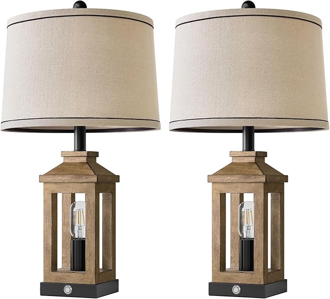 BOBOMOMO 23.75" Natural Wood Farmhouse Table Lamps Set of 2 – Retro Nightstand Lamps with 3 Way Dimmable Touch Control Night Light & USB A+C Ports, Rustic Lamps for Living Room, Bedroom, Entryway