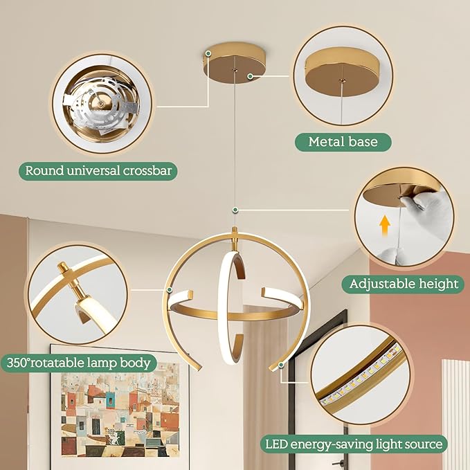 Modern Gold Dimmable LED Chandelier, 13 Inch Brushed Metal Globe Pendant Lights, Hanging Ceiling Light Fixture for Kitchen Island Living Room Room Dining Bedroom Hallway Entryway Foyer (3-Pack)