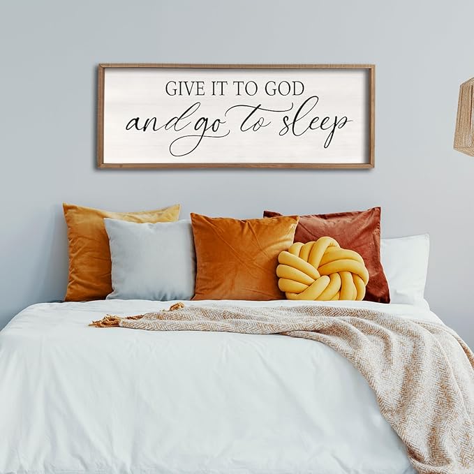 comurdyo Give It To God And Go to Sleep Sign 40''×15'' Master Bedroom Above Bed Wall Decor Wood Framed Couple Large Farmhouse Guest Room Rustic Simple Over Bedside Wall Art Hanging Decor (Wood)
