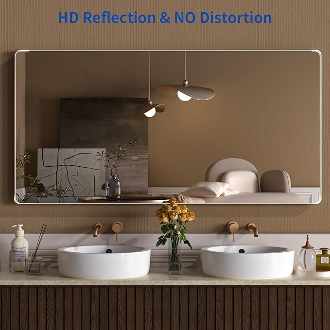 WEER 72X36 Inch Brushed Nickel Bathroom Mirror, Brushed Silver Metal Frame Mirror, Rounded Rectangle Silver Bathroom Vanity Mirror, Tempered Glass, Anti-Rust, Hangs Horizontally or Vertically