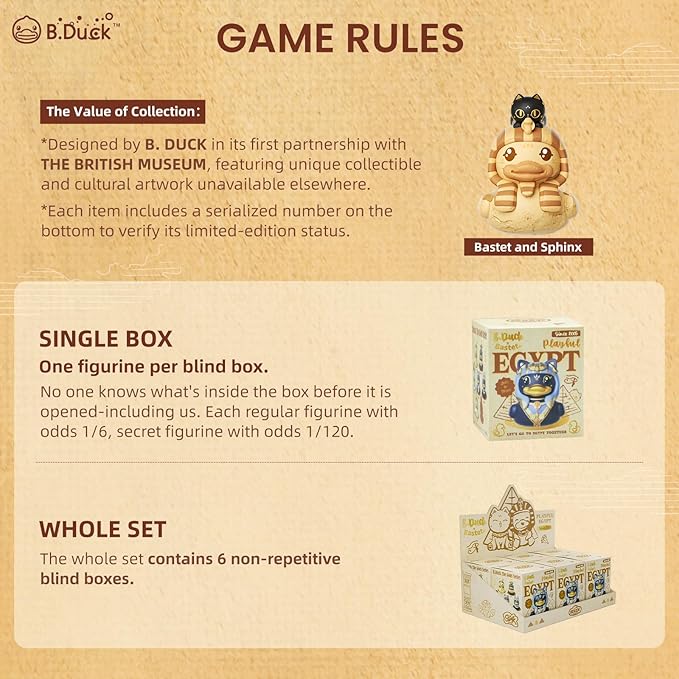 B.Duck x British Museum Blind Box, Egyptian God Collectible Duck Figurines Series,Home Decorations, Holiday Birthday Gifts (B.Duck x Bastet Series, Single Box)