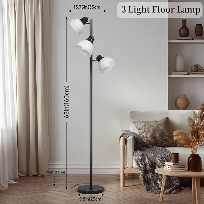 63" Modern 3-Head Adjustable Floor Lamp, Flexible Gooseneck Standing Lamp with Glass Shades for Living Room, Bedroom & Office,3x9W E26 LED Bulbs Included, Weighted Base