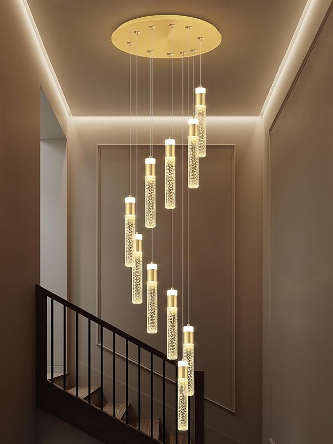 10-Lights Gold Crystal Chandeliers 110 inch Long Spiral Crystal Chandelier for High Ceiling Modern LED Foyer Ceiling Chandeliers Dimmable 3000-6000K