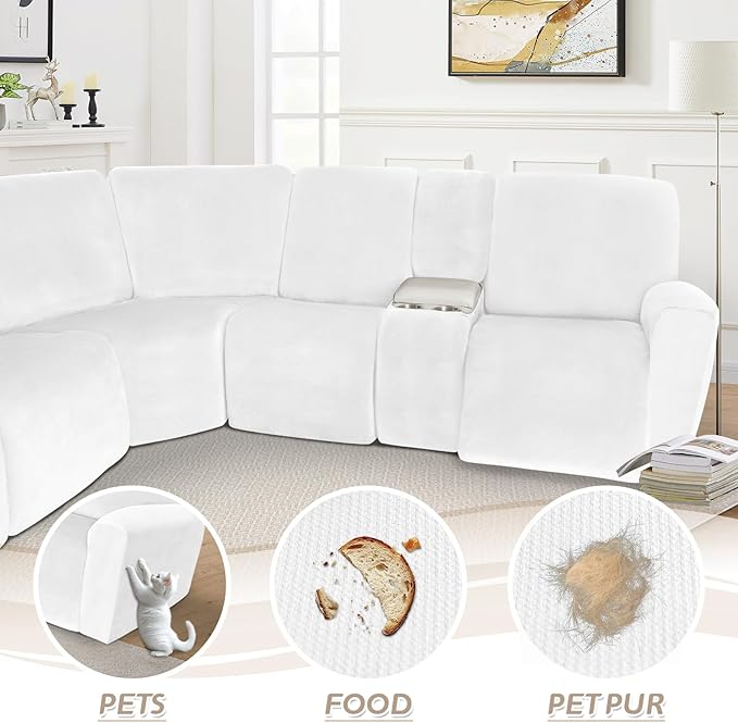 Arfntevss Sectional Recliner Couch Covers Velvet Washable Corner Sectional Sofa Cover for Reclining Couch Stretch Soft Thick L Shape Recliner Slipcover Set (5 Seat with 2 Console Cover, White)
