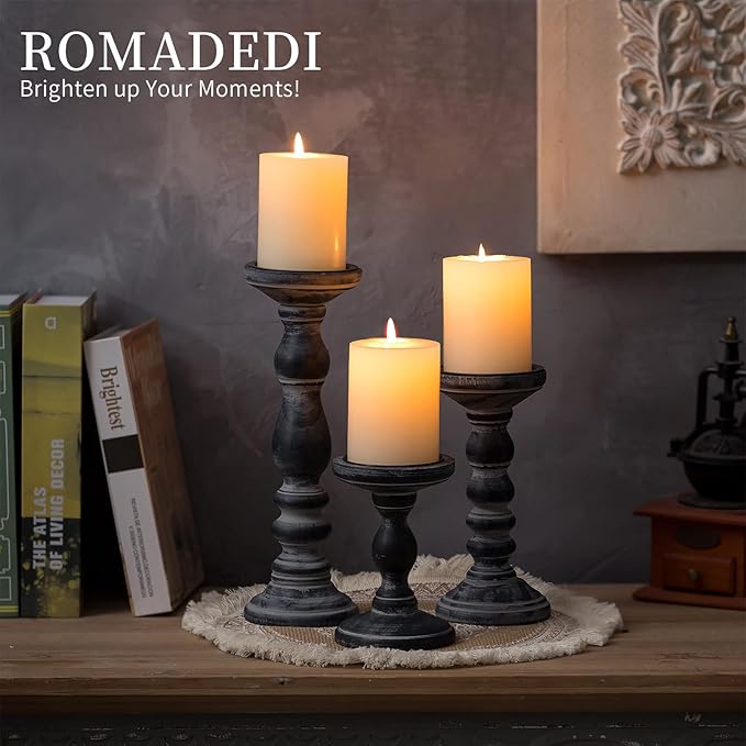 Candle Holder for Pillar Candles: Romadedi Set of 3 Decorative Wood Candlestick Holders, Rustic Wooden Candle Stand for Fireplace Mantle End Table Shelf in Farmhouse Style, Black 6”, 8.3”, 12”