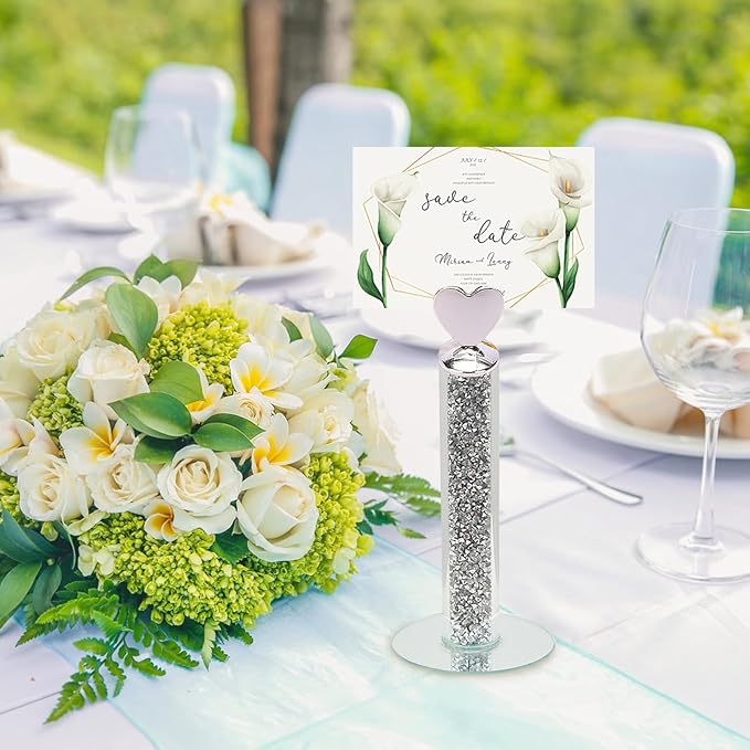TACIDON 10Pcs Heart Table Number Holders with 10Pcs Table Numbers, Glamorous Crystal Crushed Diamond Place Card Holder, Table Card Holders for Home Wedding Dinner Party Events Decoration (Silver)