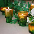 Double Sided Vintage Ribbed Taper Glass Candle Holders,Tea Candle Holder for Table Centerpieces, Wedding Decorations and Dinner Parties (Yellow Green, 3 PCS)