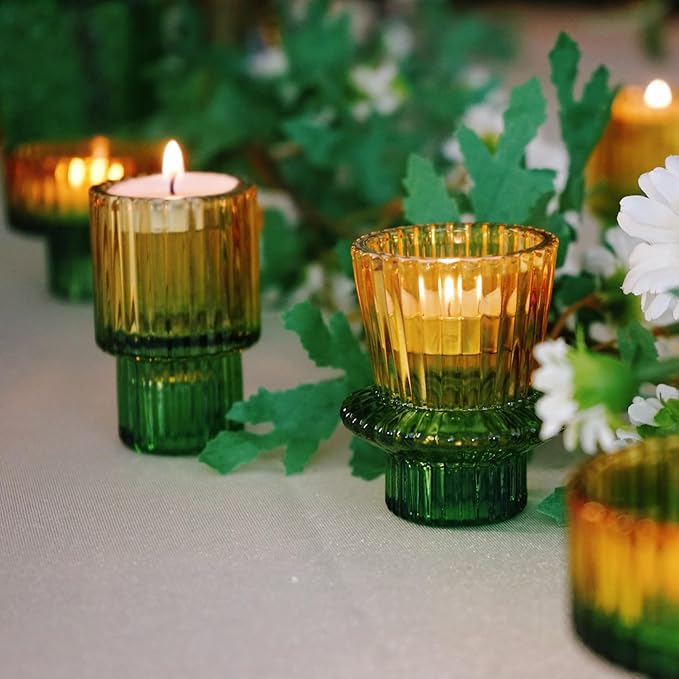 Double Sided Vintage Ribbed Taper Glass Candle Holders,Tea Candle Holder for Table Centerpieces, Wedding Decorations and Dinner Parties (Yellow Green, 3 PCS)