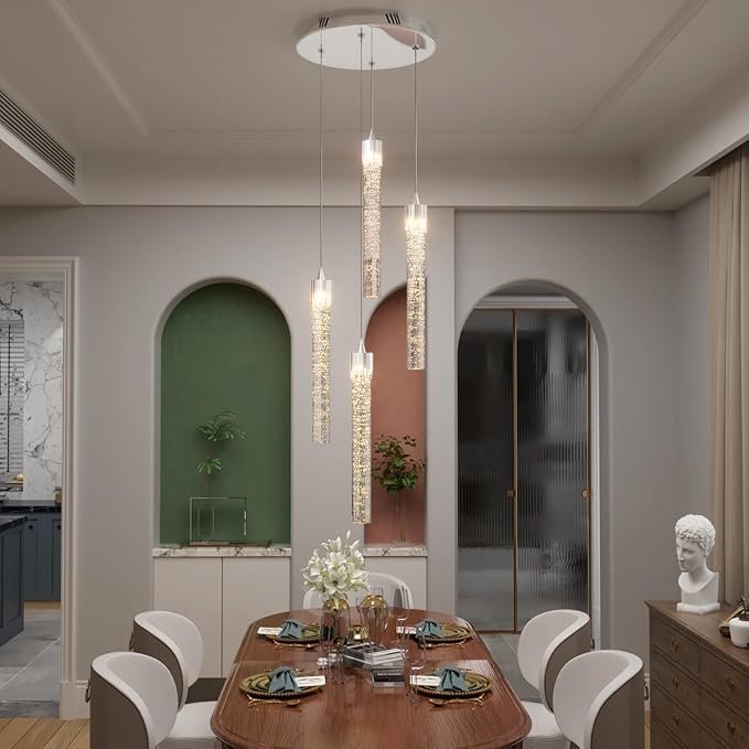 4-Lights Kitchen Island Pendant Lights Silver Mini Chandeliers for Dining Room Crystal Pendant Lighting Ceiling Lights for Hallway Foyer Living Room