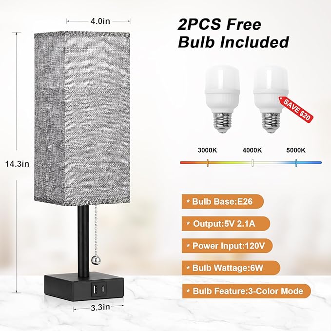 Bedside Table Lamps Set of 2 - Gray Bedroom Lamps with 3 Color Temperatures (3000K/5000K/4000K), Square Nightstand Light with USB C + A Charging Ports, Pull Chain Small Night Light