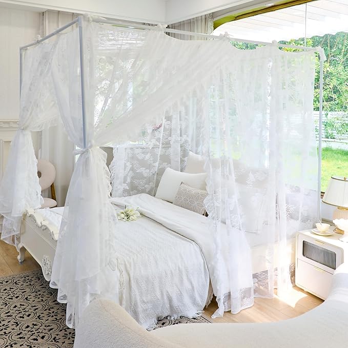 AIKASY Elegant Lace Princess 4-Poster Bed Canopy Mosquito Net - Romantic Wedding Bridal Bedroom Decor, Kids Room Bed Curtain for Women Adults - (White-4,Queen)