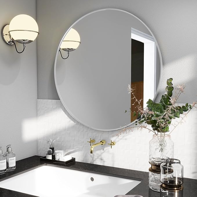 BEAUTYPEAK 20 Inch Round Mirror, Metal Frame Circle Mirror, Wall Mounted for Entryway, Bathroom, Vanity, Living Room, White