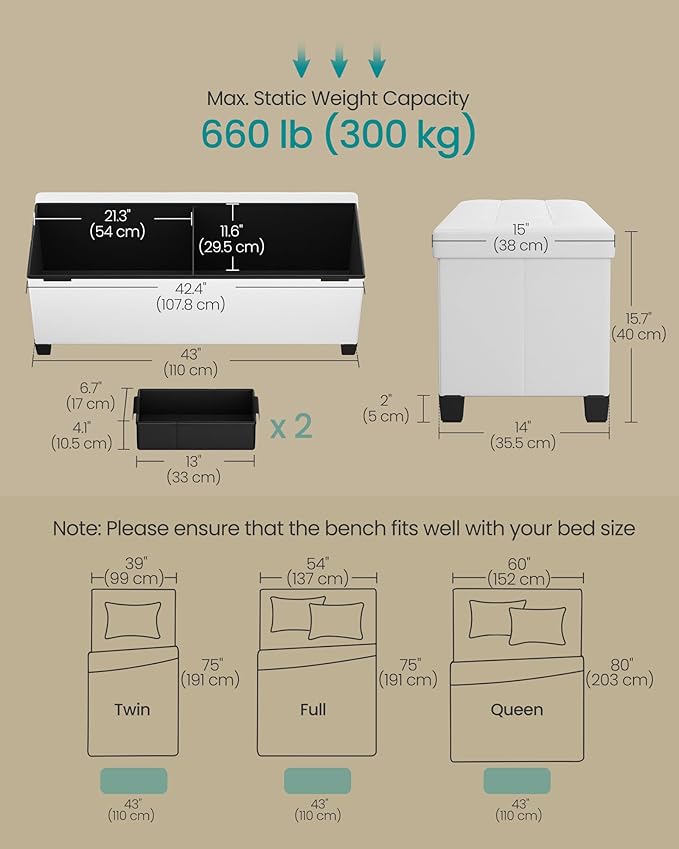 SONGMICS Storage Ottoman, Storage Bench with Legs, 15 x 43 x 15.7 Inches, Ottoman Bench, 30 Gal. (112 L), Synthetic Leather, for Living Room, Entryway, Cloud White ULSF0514W02