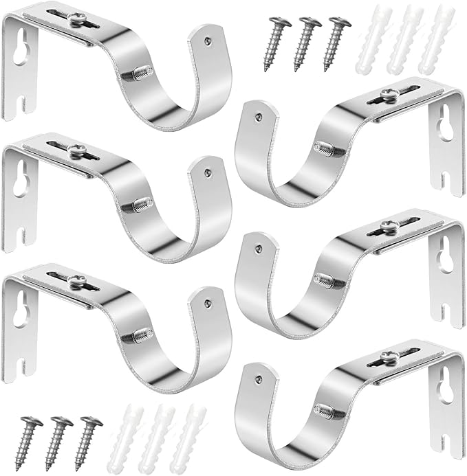 Frienda 6 Pcs Curtain Rod Brackets Adjustable Holder Wall for 1 Inch Diameter Curtain Rod General Bracket Hooks with Screws (Silver)