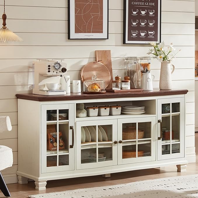 Large Sideboard Buffet Cabinet with Storage, Vintage White Farmhouse 60" Wide Credenza Accent Cabinets with Glass Doors & Wood Legs, Kitchen Coffee Bar Table for Dining Room, Living Room
