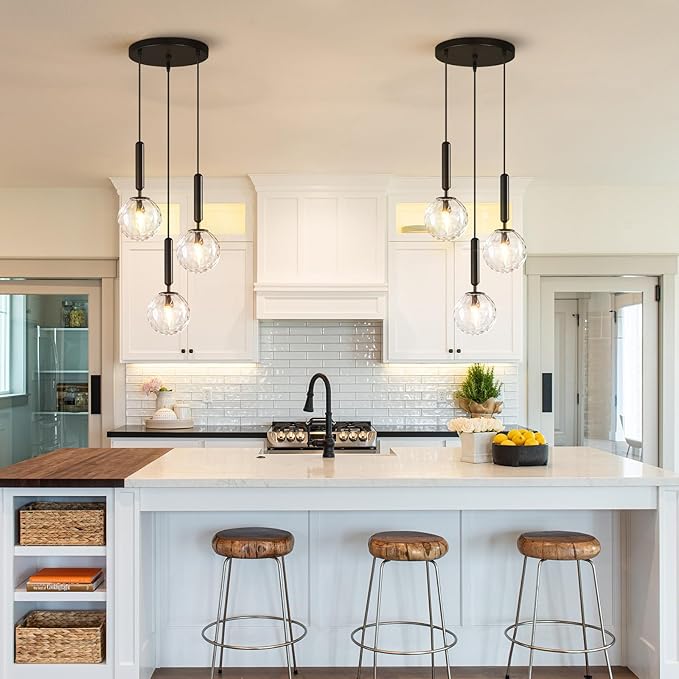 Mid Century Globe Pendant Light with Clear Glass for Kitchen Island Modern Balck Finish Hanging Light Fixture Retro Round Pendant Lighting for Living Room Bedroom Entryway(3 Lights)