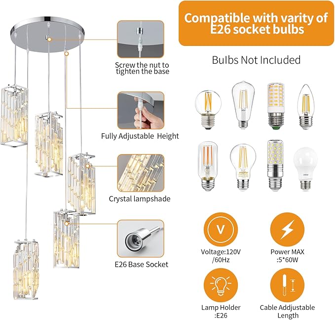 Chrome Pendant Lighting Modern Pendant Light, Mini Crystal Chandeliers,Adjustable Pendant Light Fixture for Kitchen Island Dinning Room Bedroom (5 Light)