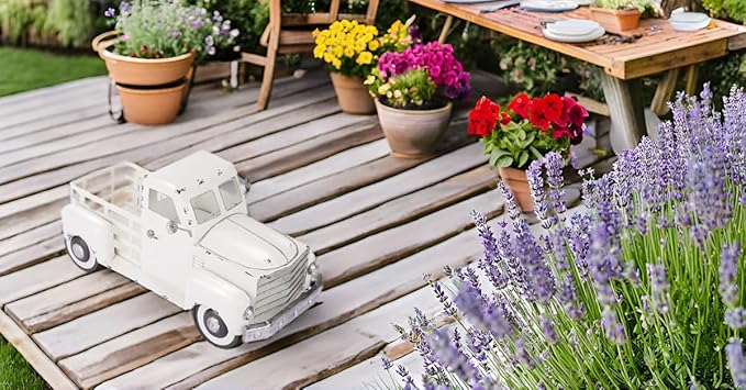 Metal Truck Decor,Farmhouse Truck Decor,Decorative Tabletop Storage & Pick-up Metal Truck Planter, 12.5" x 5.75" x 6.25" inches (White)