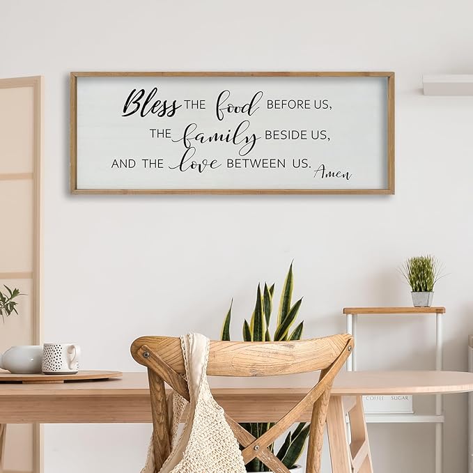 SRSZHIYUE Bless the Food Before Us Wall Sign Decor 40"×15" Christian Bible Verse for Farmhouse Rustic Kitchen Dining Room Framed Wood Scripture Religious Jesus Prayer Wall Art (Wood)