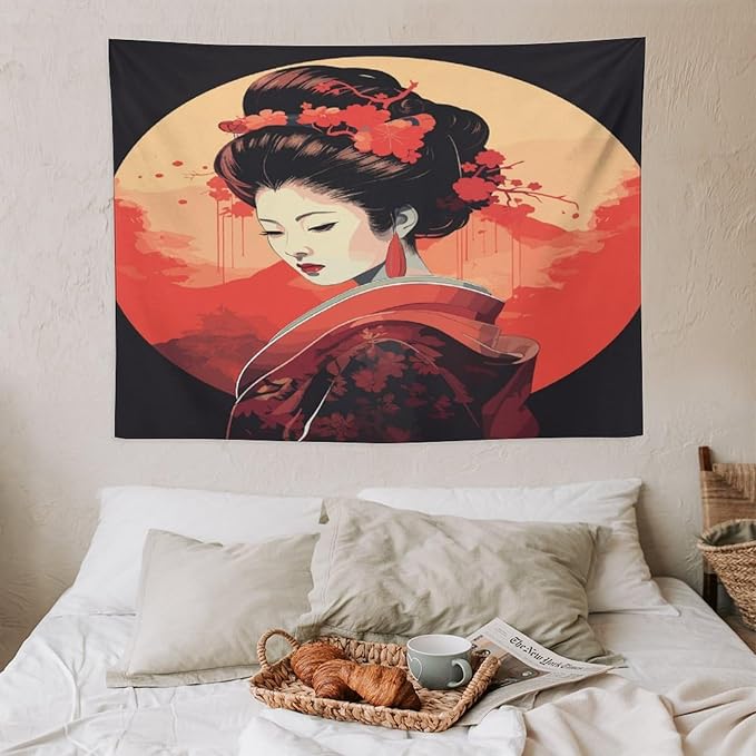 Japanese Woman Geisha Tapestry Asian Cherry Blossom Red Sun Traditional Kimono Folk Tapestries Home Decor for Living Room Bedroom Apartment Farmhouse Dorm 40"x30"