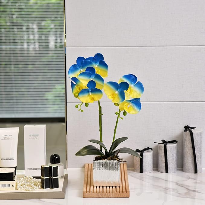 Artificial Potted Orchid Faux Phalaenopsis Silk Flowers Bonsai Realistic Arrangement in Silver Vase for Home Decoration Table Centerpiece, Blue/Yellow